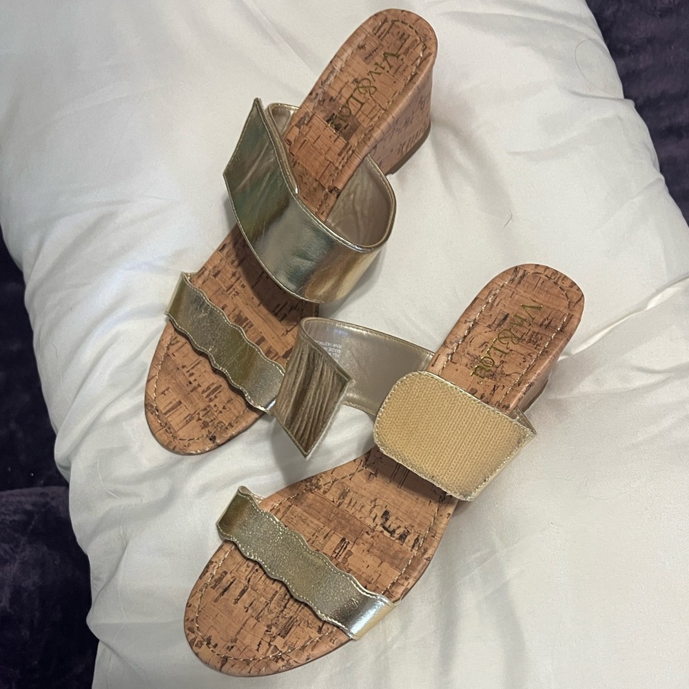 Women’s Gold Two-Band Slide Sandals - Picture 1 of 6